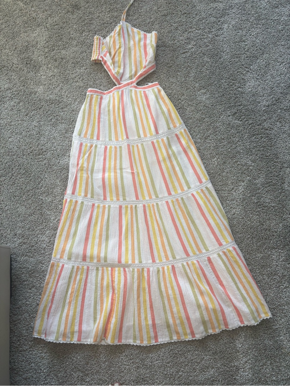 Sunday Best Striped Halter Maxi Dress in White with Pink, Yellow & Green